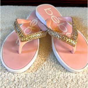Bebe Girls Rhinestone Flip Flops Sandals, Pink White